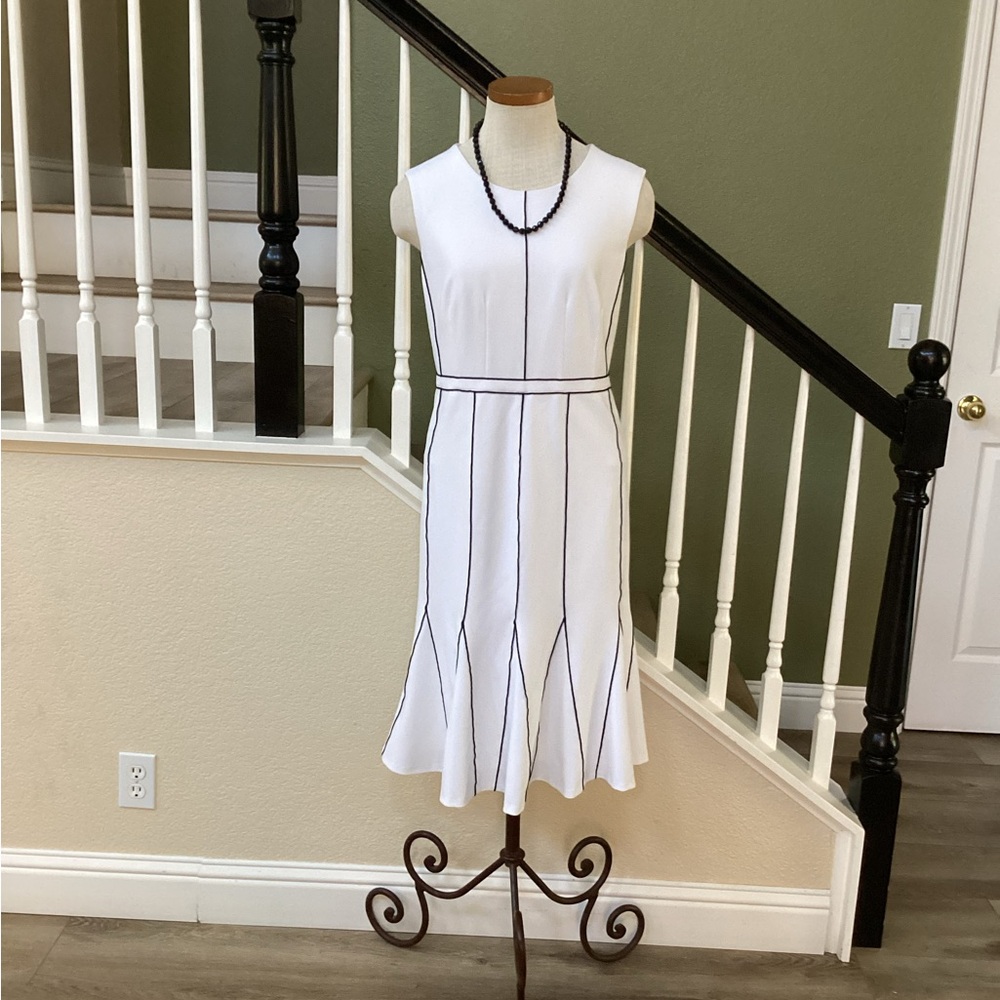 Calvin Klein White and Black Ruffled Midi Dress